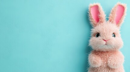 Obraz premium In a charming Easter scene, a fluffy white bunny with pink ears peeks playfully against a bright blue background, showcasing its soft, textured fur