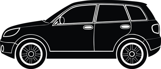black and white car, -car wrap silhouette vector icon, 
 black car isolated on white background.