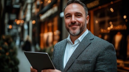 A bearded man smiling while wearing a blazer, photographed in an outdoor urban environment with lights blurred behind him