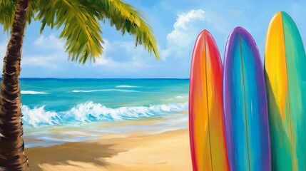 Fototapeta na wymiar Vibrant Surfboards Stand Tall on a Tranquil Tropical Beach Scene