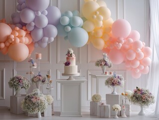 Celebration decor with balloon garland, cake, and flower arrangements