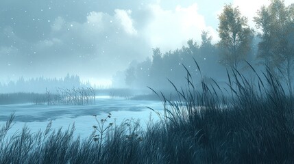 Misty winter landscape by a serene lake.  Tranquil forest and tall grass border a calm frozen lake, under a soft, pale sky.  A light dusting of snow or frost creates a cool, serene atmosphere