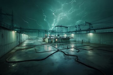 A dramatic lightning storm illuminates a rain-soaked industrial complex at night, casting an eerie green glow.