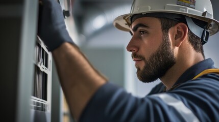 HVAC technician installing air ducts in a commercial building. Featuring precision and care