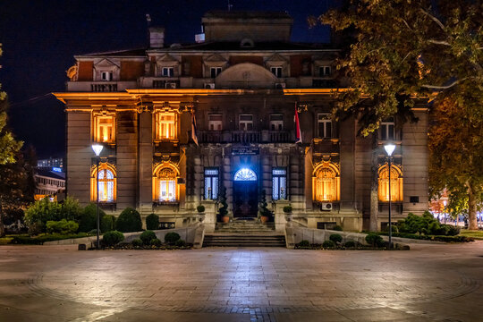 Mayors Office in Nis, Serbia - November 4, 2024: Nis city center with Mayors Office and plateau at night