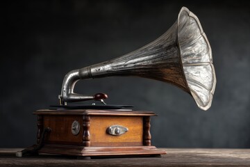 A scratched horn and weathered wooden base define this antique gramophone, evoking a nostalgic atmosphere of vintage music and bygone eras.