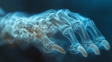 Fototapeta premium The animal's paw, captured on an X-ray, shows the bone structure, joints and anatomical elements in vivid detail.