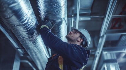 HVAC technician installing air ducts in a residential attic. Featuring expertise and precision
