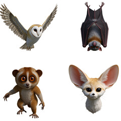 Four cute cartoon animals a soaring owl, a hanging bat, a playful lemur, and a fennec fox isolated on a transparent background