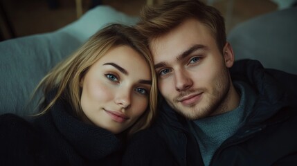 A close-up shot of a happy couple, a woman and a man with dark hair and eyes, in a warm indoor environment