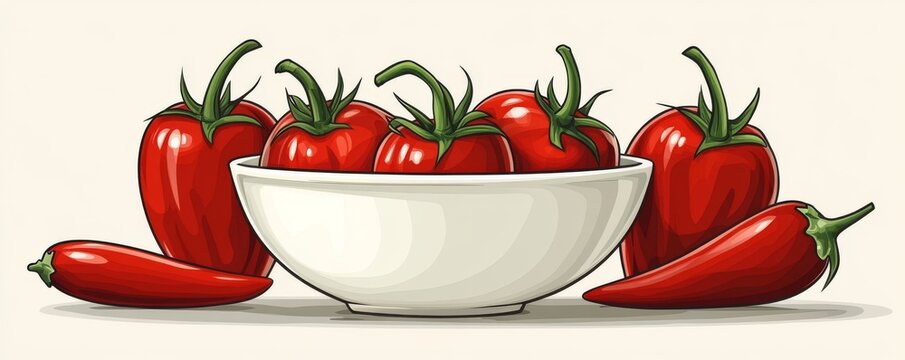 red tomatoes and peppers in white bowl clip art preview