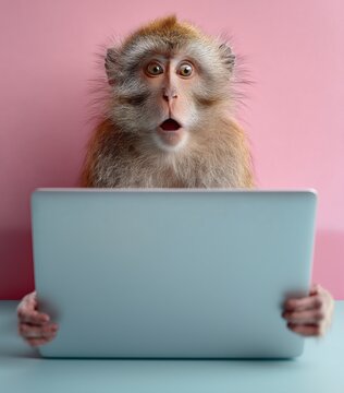 Surprised monkey working on laptop on pink and turquoise background