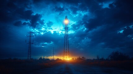 Towering radio masts stretch into a stormy sky, illuminated by a stunning sunset that casts an ethereal glow