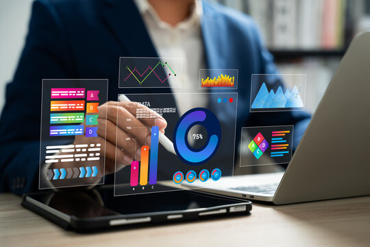 Data science and business intelligence, Business data analytics, Analyst using big data dashboard for performance evaluation, KPI metrics, Strategic decision making with AI and technology.