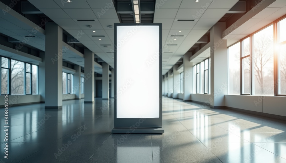 Poster Empty display stand in modern bright interior with windows  