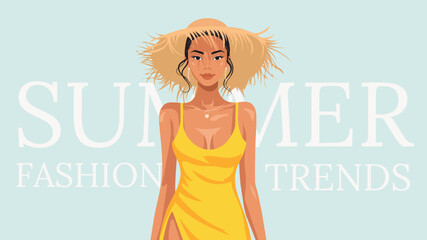 Minimalist vector illustration of fashionable woman in yellow dress and straw hat. Summer style, beauty, and elegance. Perfect for magazine, blog, ad, and seasonal design.