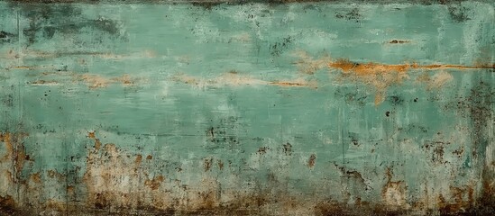 Naklejka premium Turquoise metal surface with heavy rust corrosion and peeling paint textures, macro close-up revealing intricate weathering patterns, industrial decay aesthetic on monochromatic background.