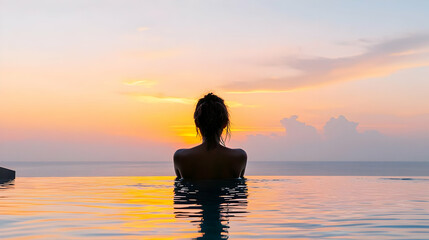Fototapeta premium Silhouette Of Woman Relaxing In Infinity Pool At Sunset With Golden Sky And Clouds Reflecting In Calm Water During Tropical Vacation