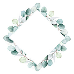 Diamond-Shaped Eucalyptus Frame, Watercolor Illustration