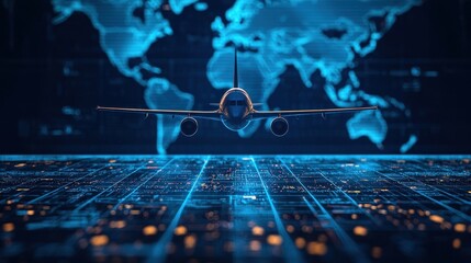 Holographic interface displaying global transportation routes, interactive flight and transit selection, advanced futuristic booking system