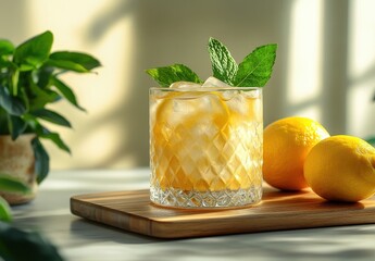 Fototapeta premium Refreshing Citrus Cocktail with Fresh Mint Leaves and Ice in a Crystal Glass Surrounded by Ripe Lemons on a Wooden Cutting Board