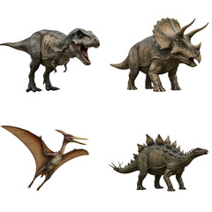 Fototapeta premium A vibrant digital illustration of four diverse dinosaurs: a Tyrannosaurus Rex, Triceratops, Pterodactyl, and Stegosaurus