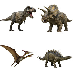Obraz premium Four different prehistoric dinosaurs, including a Tyrannosaurus Rex, Triceratops, Pterosaur, and Ankylosaurus, are rendered in high detail and positioned against a transparent background