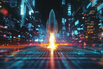 Fototapeta premium Futuristic Rocket Launch In Digital Cityscape With Vibrant Lights