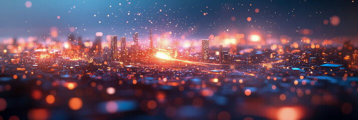 Fototapeta premium Futuristic Concept: Dystopian Urban Landscape with Glowing Cityscape at Night
