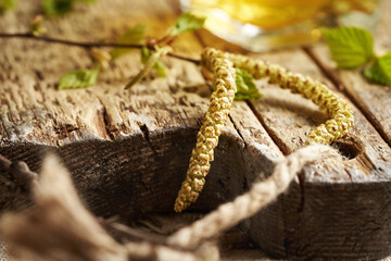 Birch branches with very young leaves and catkins - ingredient for gemmotherapeutic herbal tincture