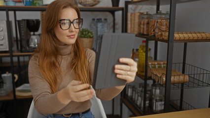Woman using tablet in modern office setting surrounded by shelves and decor, showcasing a young, attractive redhead with glasses engaged in work.
