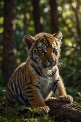 Obraz premium A playful tiger cub with striking stripes and bright eyes, radiating energy and curiosity. A symbol of strength, wild beauty, and youth