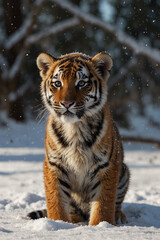 Obraz premium A playful tiger cub with striking stripes and bright eyes, radiating energy and curiosity. A symbol of strength, wild beauty, and youth