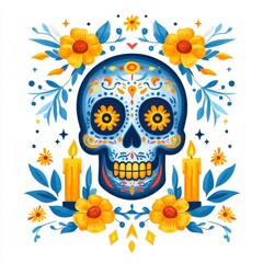 A vibrant Day of the Dead skull adorned with flowers and candles, showcasing intricate designs and bright colors, symbolizing life and remembrance.