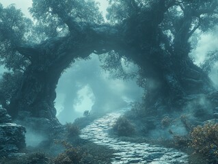 Obraz premium Enchanted Forest Path: A Mystical Journey Through Ancient Trees and Ethereal Mist, Where Nature's Majesty Unveils a Hidden Realm of Wonder and Tranquility