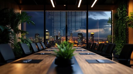 Modern office boardroom with panoramic window showcasing a futuristic cityscape, digital code matrix subtly overlaid on interior walls. High-tech collaboration space.