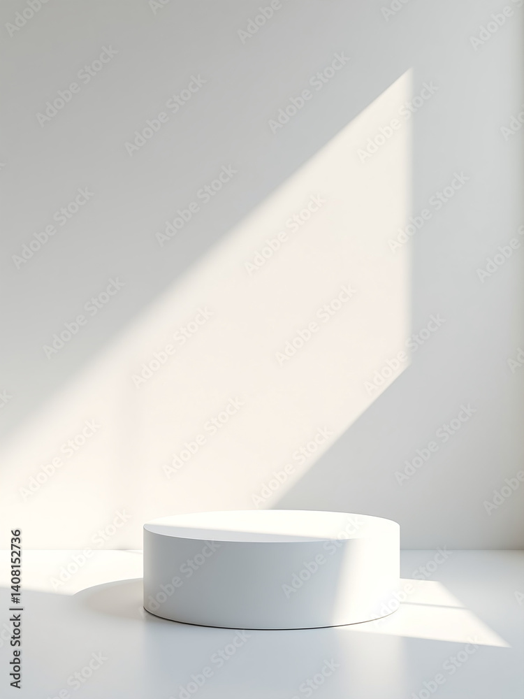 Poster Geometric Light Shines On Empty Space, Showcasing A Modern Pedestal Stand With Object And Clean White Background In 3d Render.