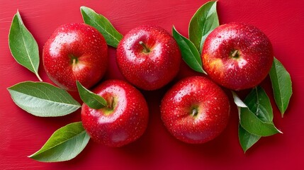 Bunch of red apples with green leaves on top. The apples are shiny and look fresh. Concept of abundance and natural beauty
