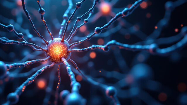 A microscopic view of neurons with an active GLP1 molecule highlighted in red within a synaptic cleft.