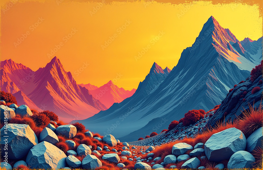 Aufkleber grunge background with bright colors, rock textures and fragments of mountains create visually inter