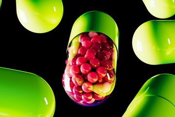 Colorful capsules pill on a vibrant black background