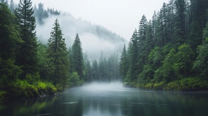 River Flowing Through Foggy Forest Landscape with Green Trees