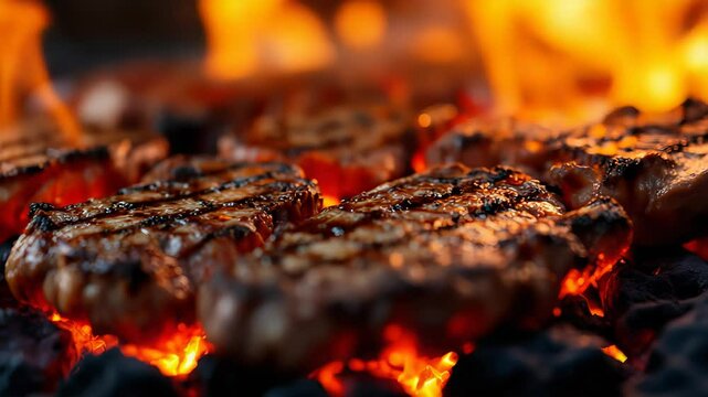 Barbecue grill with steaks cooking on open flame and blurred fire in background. Concept of heat and traditional outdoor cooking