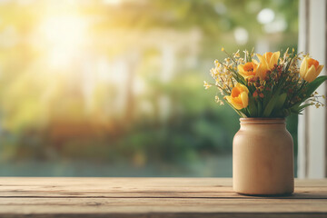 Fresh yellow flowers in a jar against a sunlit background  