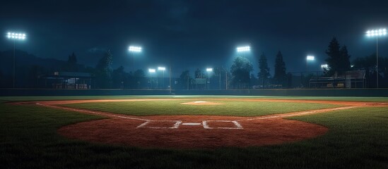 Nighttime baseball field with illuminated pitcher’s mound and home plate, empty green field under stadium lights, distant stands and mountain silhouettes under starless dark blue sky.