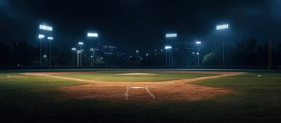 Nighttime baseball field with illuminated pitcher’s mound and home plate, empty green field under stadium lights, distant stands and mountain silhouettes under starless dark blue sky.