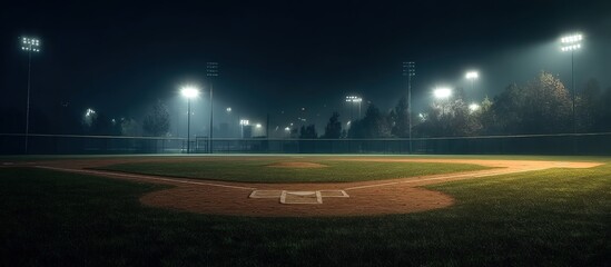 Nighttime baseball field with illuminated pitcher’s mound and home plate, empty green field under stadium lights, distant stands and mountain silhouettes under starless dark blue sky.