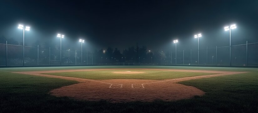 Nighttime baseball field with illuminated pitcher&rsquo;s mound and home plate, empty green field under stadium lights, distant stands and mountain silhouettes under starless dark blue sky.
