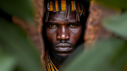 Obraz premium Intense Portrait of a Tribal Man Peeking Through Lush Green Foliage With Orange and Yellow Headwear in Africa