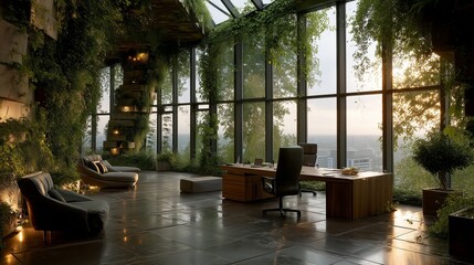 Fototapeta premium ultramodern eco office interior with vertical gardens and solar city view